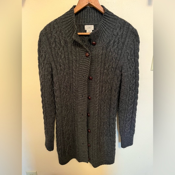 L.L. Bean 1912 Heritage Irish Fisherman Gray Cable Knit Cardigan 100% Wool - S - Picture 2 of 5